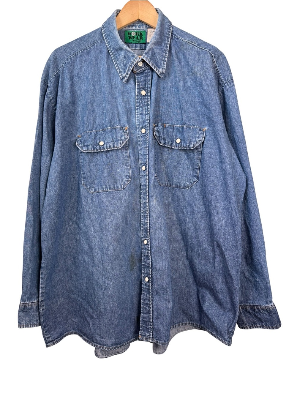 Vintage Wrangler Work Wear Pearl Snap Denim Shirt Size XXL USA Made *Flaws Read